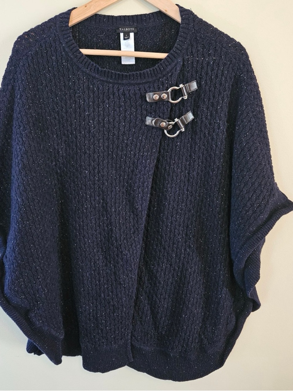 Talbots Navy Knit Poncho with Buckle Accents